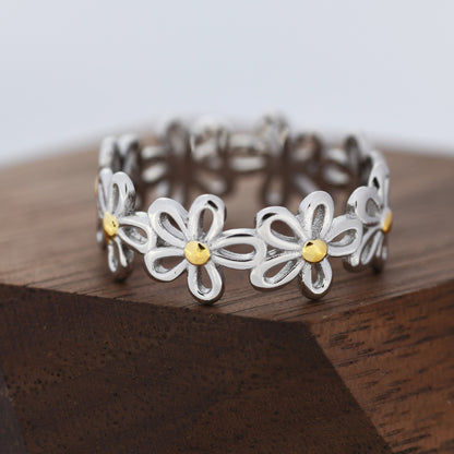 Forget-me-not Flower Infinity Ring in Sterling Silver, Flower Ring, Silver and Gold Floral Ring, US 5-8