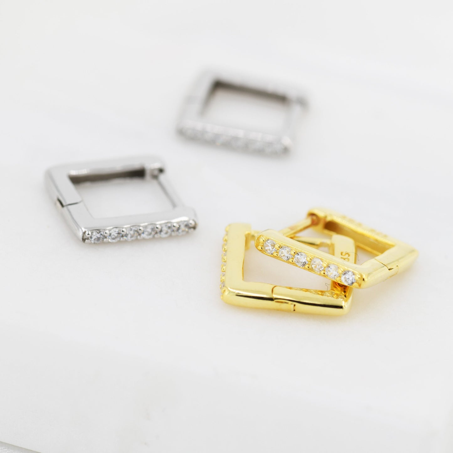 CZ Pave Square Huggie Hoop in Sterling Silver, Skinny Geometric Hoop Earrings, Gold or Silver, 8mm Minimalist Hoops