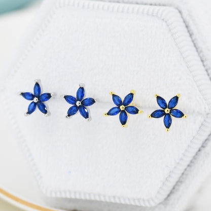 Sapphire Blue CZ Flower Stud Earrings in Sterling Silver, Silver or Gold, Forget-me-not Crystal Earrings