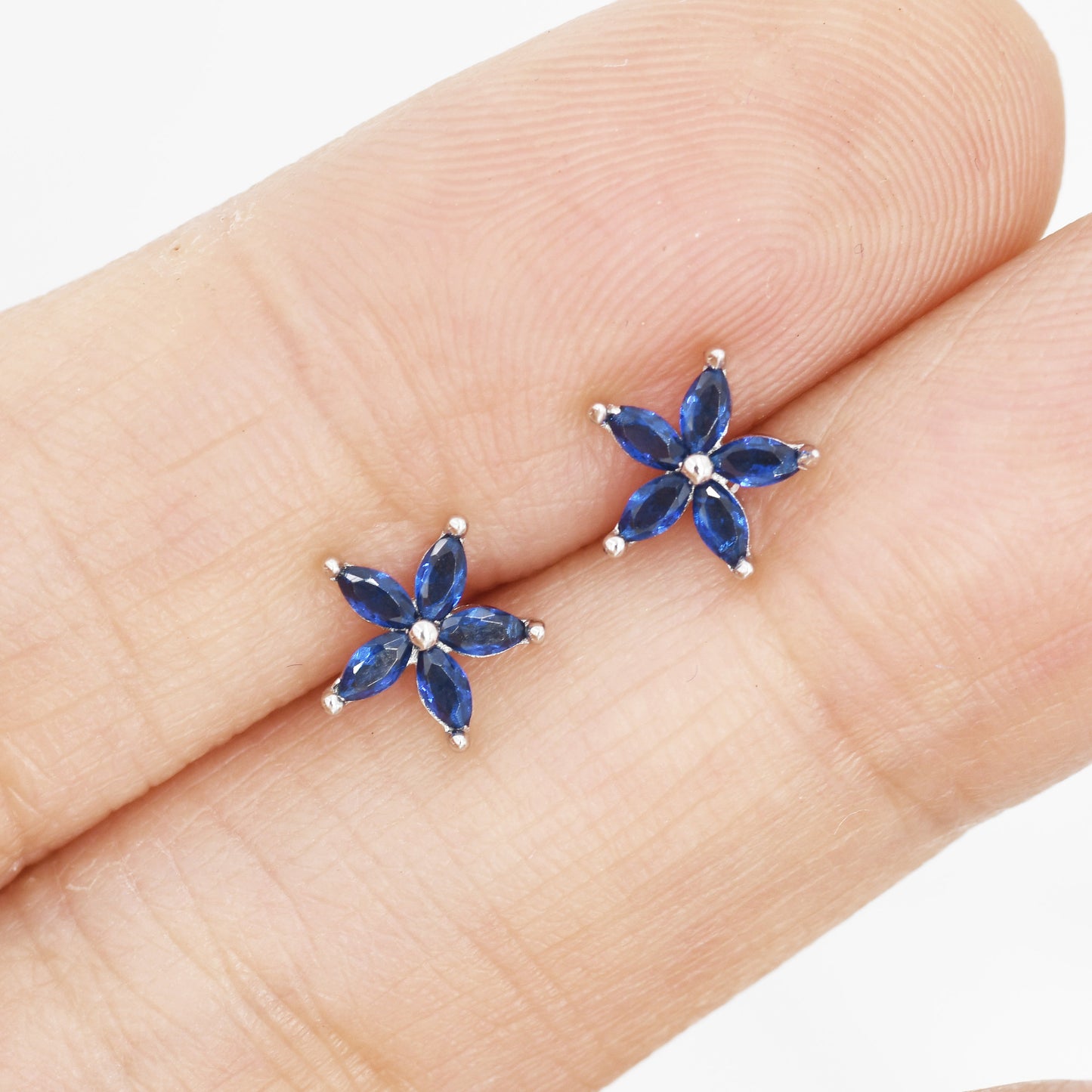 Sapphire Blue CZ Flower Stud Earrings in Sterling Silver, Silver or Gold, Forget-me-not Crystal Earrings