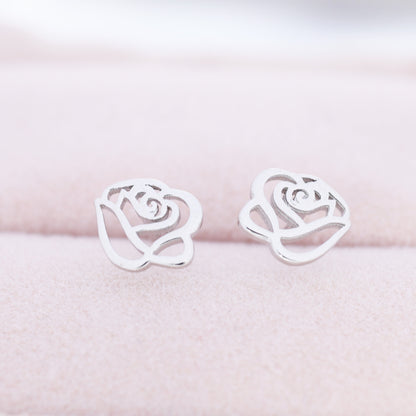 Cut-out Rose Flower Stud Earrings in Sterling Silver, Silver or Gold, Rose Earrings