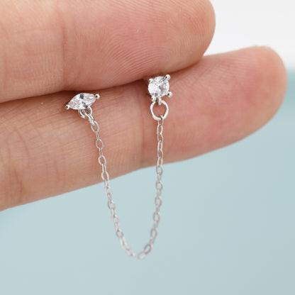 Sterling Silver Chained Earrings for Multiple Piercings, Silver or Gold, Marquise and Diamond Cut CZ Earrings, Asymmetric Stacking Earrings