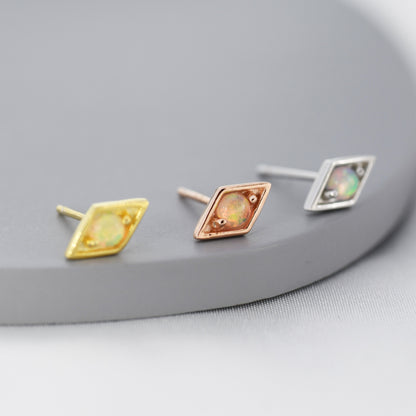 Diamond Shape Opal Stud Earrings in Sterling Silver, Silver, Gold or Rose Gold, Geometry Opal Earrings, Stacking Earrings