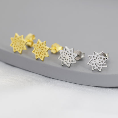 Mandala Flower Stud Earrings in Sterling Silver, Silver or Gold, Mandala Earrings, Geometric