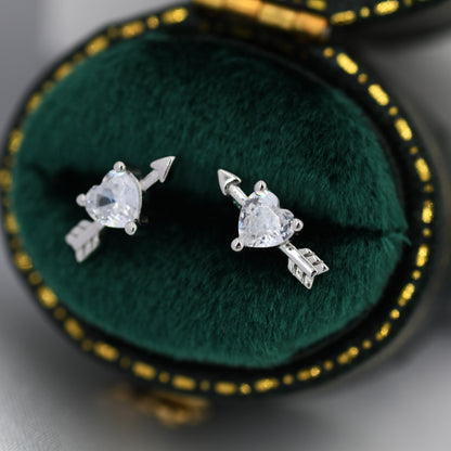 Heart Arrow Stud Earrings in Sterling Silver, Silver or Gold, CZ Crystal Struck Heart Earrings, Arrow Earrings
