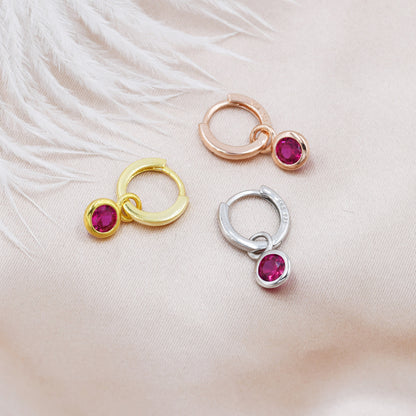 July Birthstone Ruby Red Crystal Drop Hoop Earrings in Sterling Silver, Detachable Dangle Earrings, Silver, Gold, Rose Gold