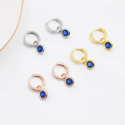 September Birthstone Sapphire Blue Crystal Drop Hoop Earrings in Sterling Silver, Detachable Dangle Earrings, Silver, Gold, Rose Gold