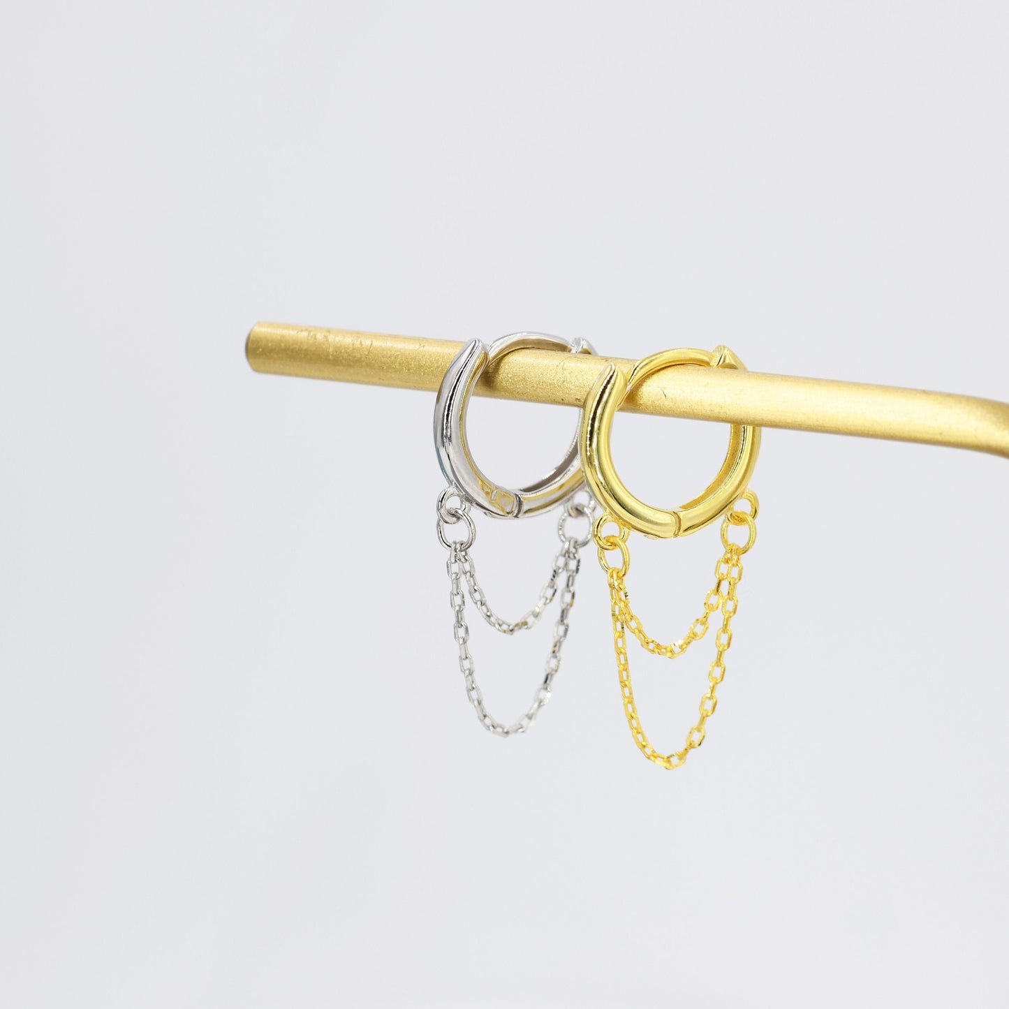 Chained Hoop Earrings in Sterling Silver, Silver or Gold, Huggie Hoops with Double Chains