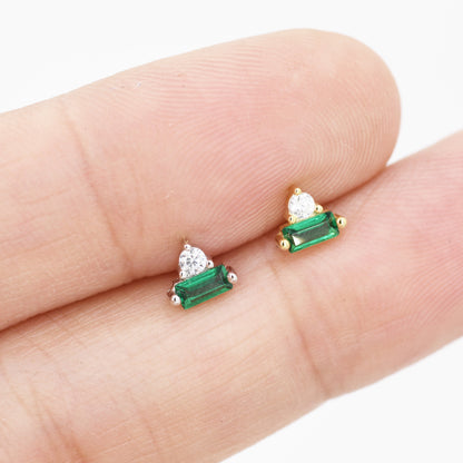Emerald Green Baguette and Round CZ Stud Earrings in Sterling Silver, Silver or Gold, Geometric CZ Cluster Earrings, Stacking Earrings