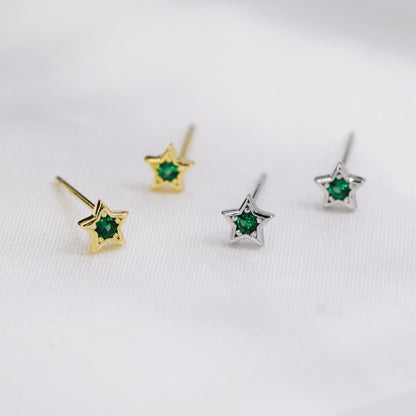 Tiny Emerald Green CZ Star Stud Earrings in Sterling Silver, Silver or Gold,  Green Crystal Star Earrings, Stacking Earrings
