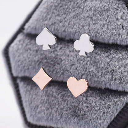 Card Suit Stud Earrings in Sterling Silver, Poker Set Earrings, Rose Gold, Spade Earring, Club Earring, Diamond Earring, Heart earring