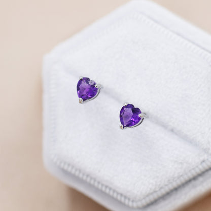 Genuine Amethyst Heart Stud Earrings in Sterling Silver, Dark Amethyst Crystal Earrings, Natural Purple Amethyst Earrings, Heart Earrings