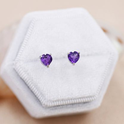 Genuine Amethyst Heart Stud Earrings in Sterling Silver, Dark Amethyst Crystal Earrings, Natural Purple Amethyst Earrings, Heart Earrings