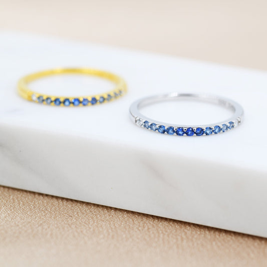 Sapphire Blue Ombre Half Eternity Ring in Sterling Silver, Silver or Gold, Blue Sapphire CZ Skinny Ring, Minimalist Stacking Ring US 5 - 8