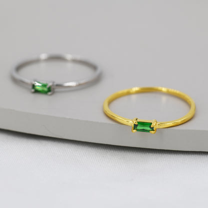 Emerald Baguette CZ Ring in Sterling Silver, Silver or Gold, Pronged Set, Minimalist Single Baguette CZ Ring US 5 - 8