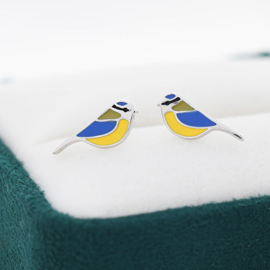 Blue Tit Bird Stud Earrings in Sterling Silver, Sterling Silver Blue Tit Earrings, Hand Painted Enamel Earrings, Animal Earrings