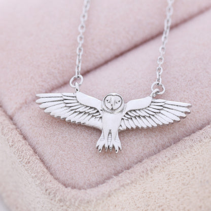 Flying Barn Owl Pendant Necklace in Sterling Silver, Owl Necklace, Silver Barn Owl Necklace, Bird Necklace, Animal Necklace