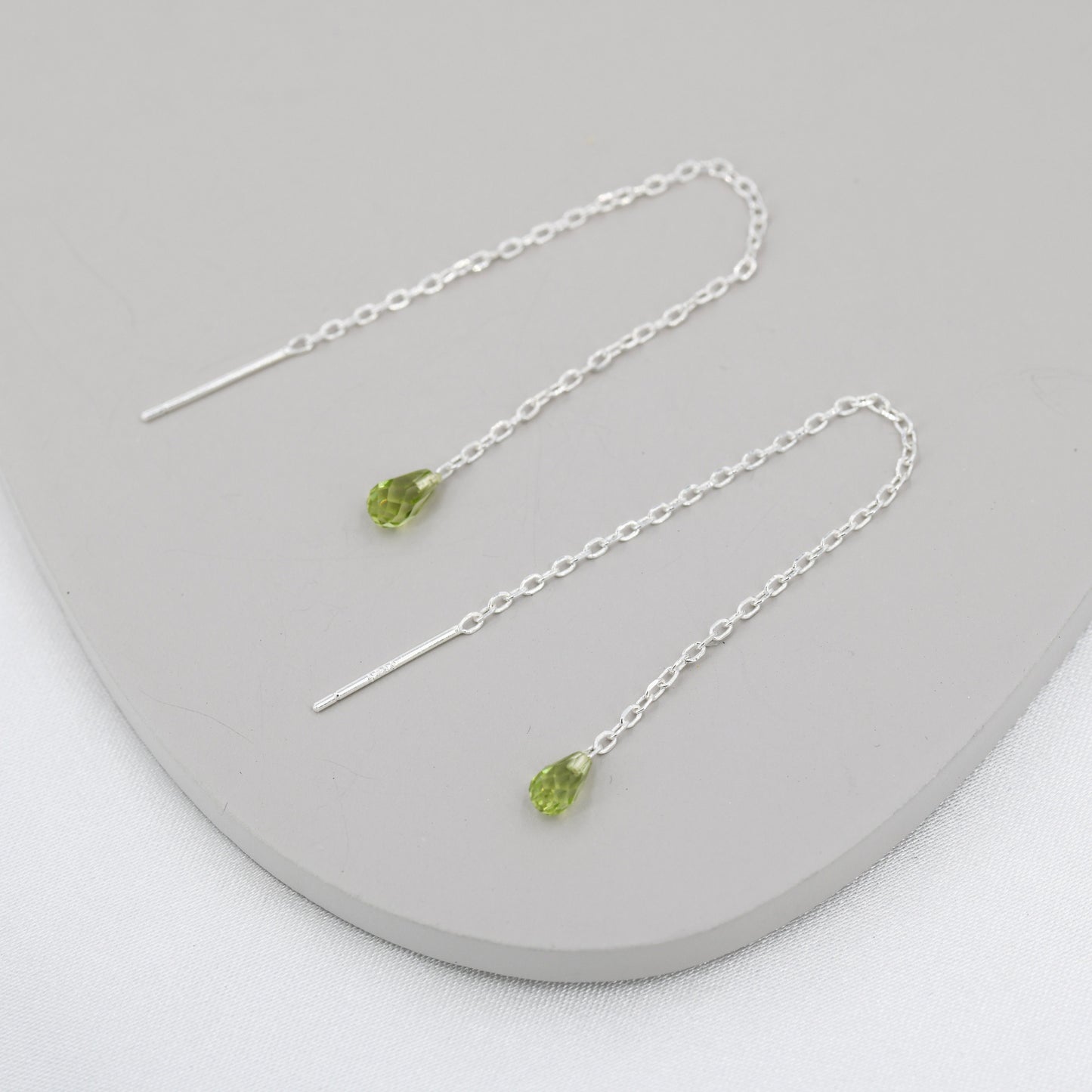 Natural Peridot Droplet Threader Earrings in Sterling Silver, Faceted Peridot Ear Threaders,  Natural Peridot Earrings