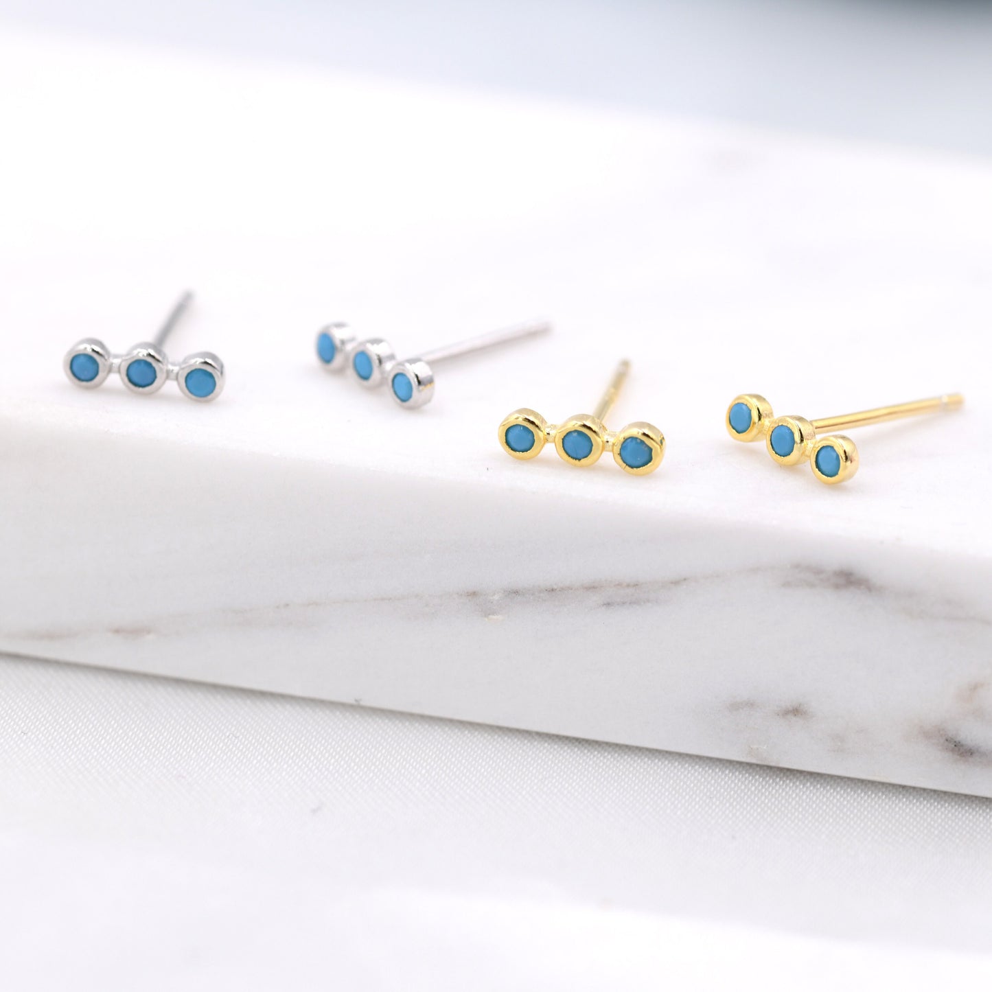 Extra Tiny Turquoise Bar Stud Earrings in Sterling Silver, Silver or Gold,  Three Dot Earrings, Blue Bar Earrings
