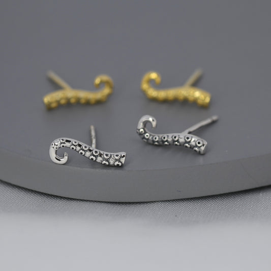 Octopus Tentacle Stud Earrings in Sterling Silver, Silver or Gold,  Dainty Earrings, Nature Inspired Animal Earrings
