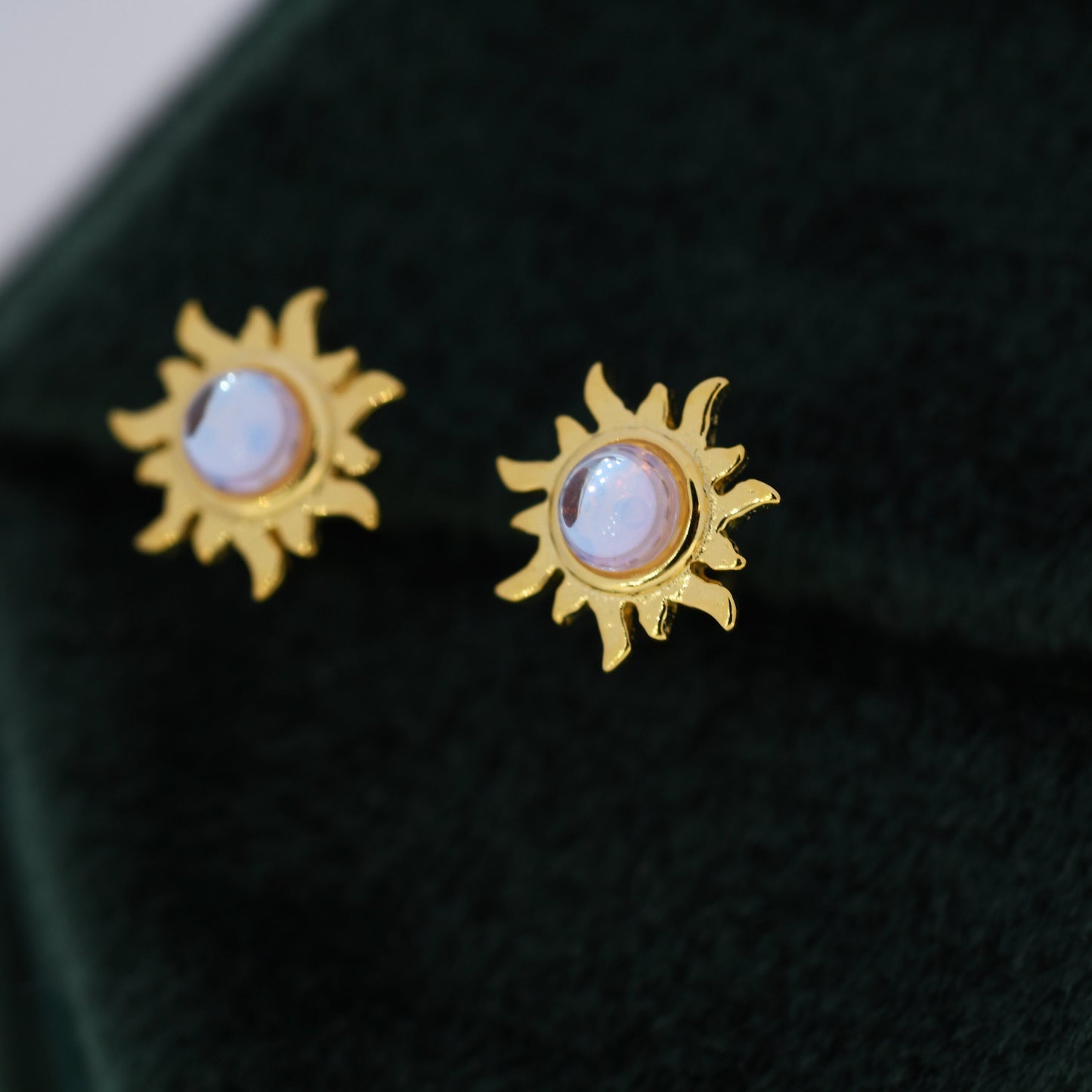 Tiny Sun Stud Earrings in Sterling Silver with Simulated Moonstone, Silver or Gold,  Sun Earrings, Celestial Earrings