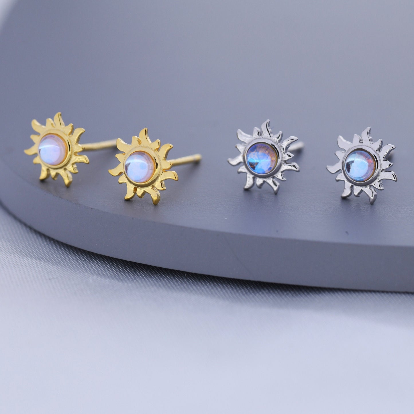 Tiny Sun Stud Earrings in Sterling Silver with Simulated Moonstone, Silver or Gold,  Sun Earrings, Celestial Earrings