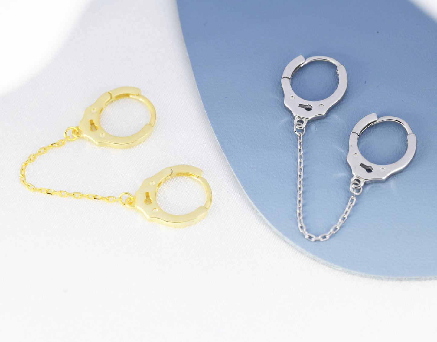 Handcuff Hoop Earrings with a Linking Chain, Silver or Gold, Chained  Hoop Earrings, Linked Hoops, Linked Hoops, Double Piercing Earrings