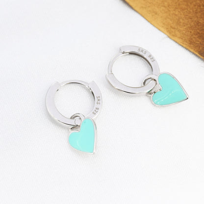 Teal Blue Enamel Heart Earrings in Sterling Silver, Detachable Heart Charm Dangle Hoop Earrings, Interchangeable