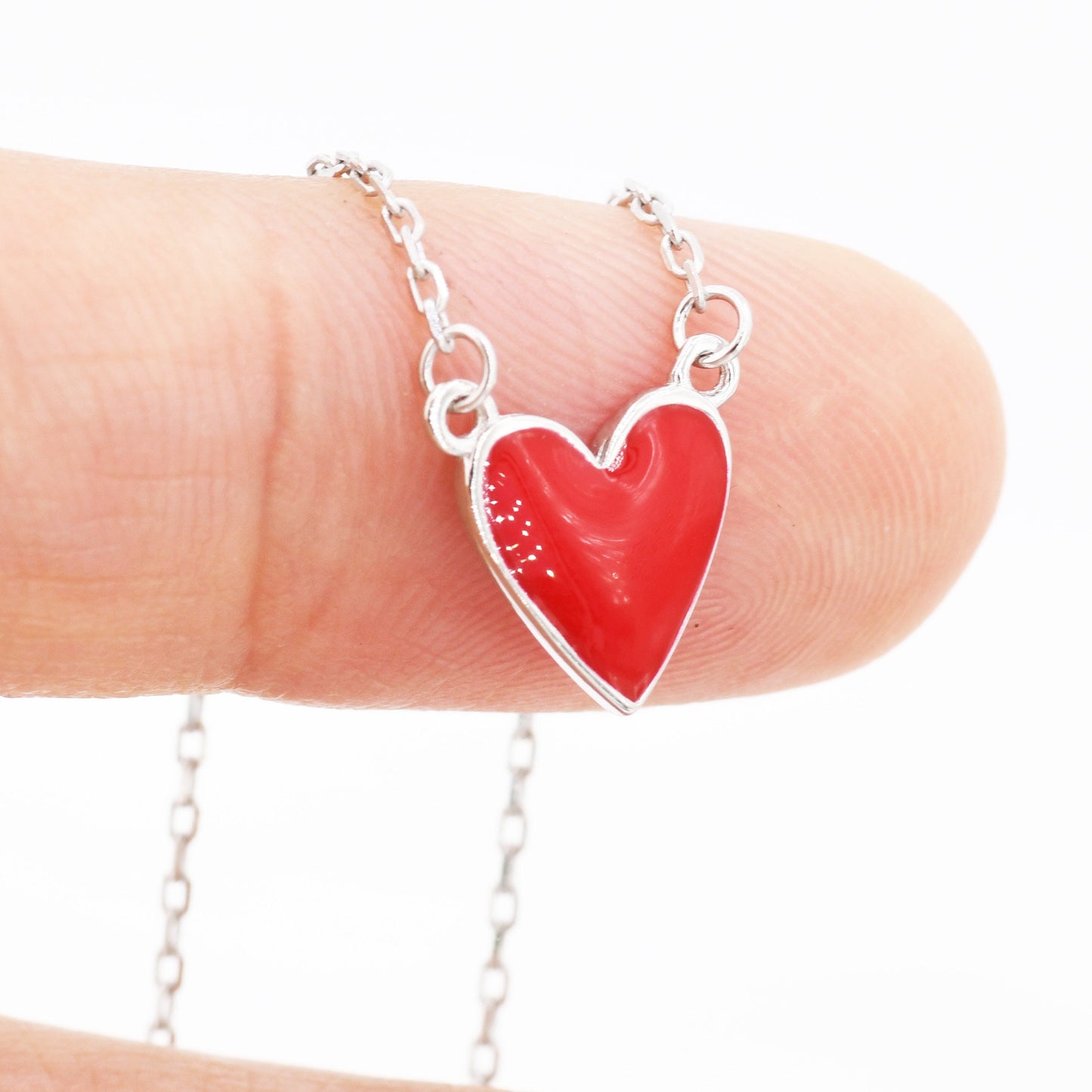 Red Enamel Heart Pendant Necklace in Sterling Silver, Red Heart Necklace, Dainty and Tiny
