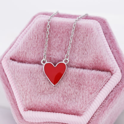 Red Enamel Heart Pendant Necklace in Sterling Silver, Red Heart Necklace, Dainty and Tiny
