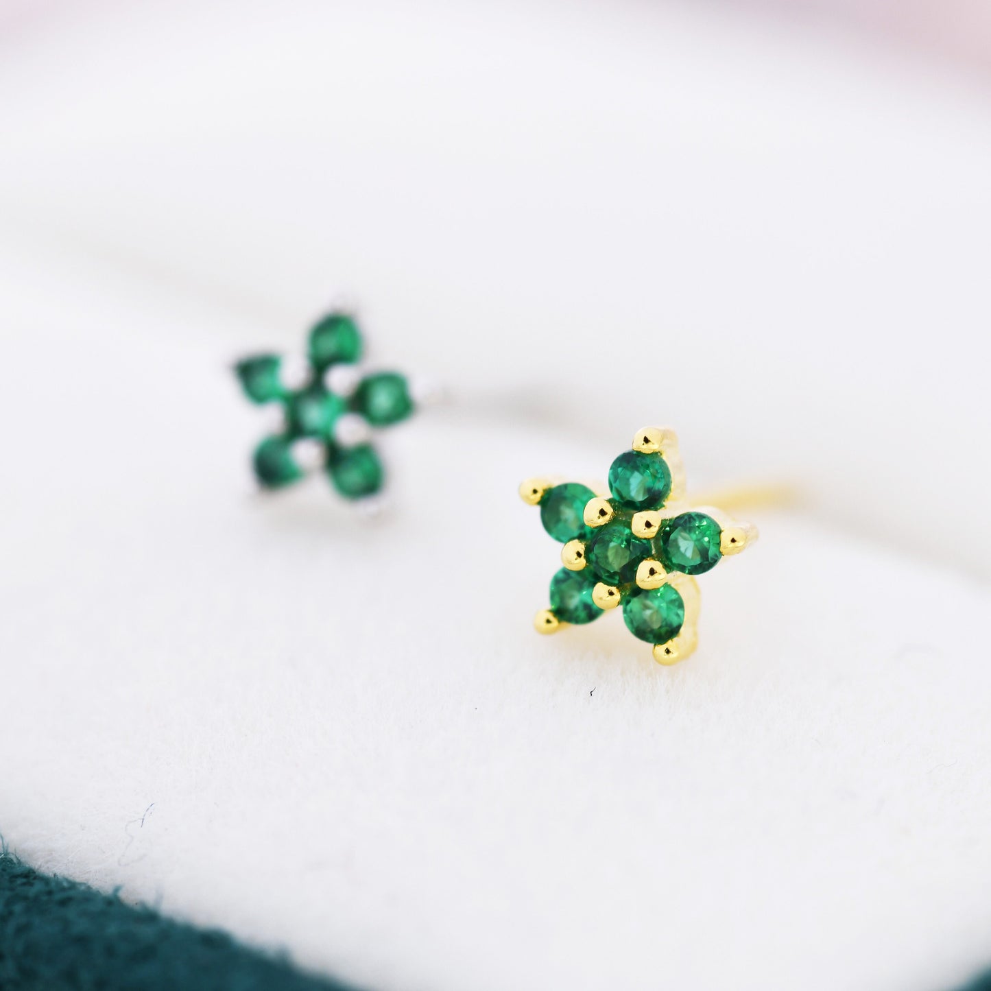 Emerald Green CZ Flower Stud Earrings in Sterling Silver, Silver or Gold,  Green Crystal Flower Earrings, Stacking Earrings