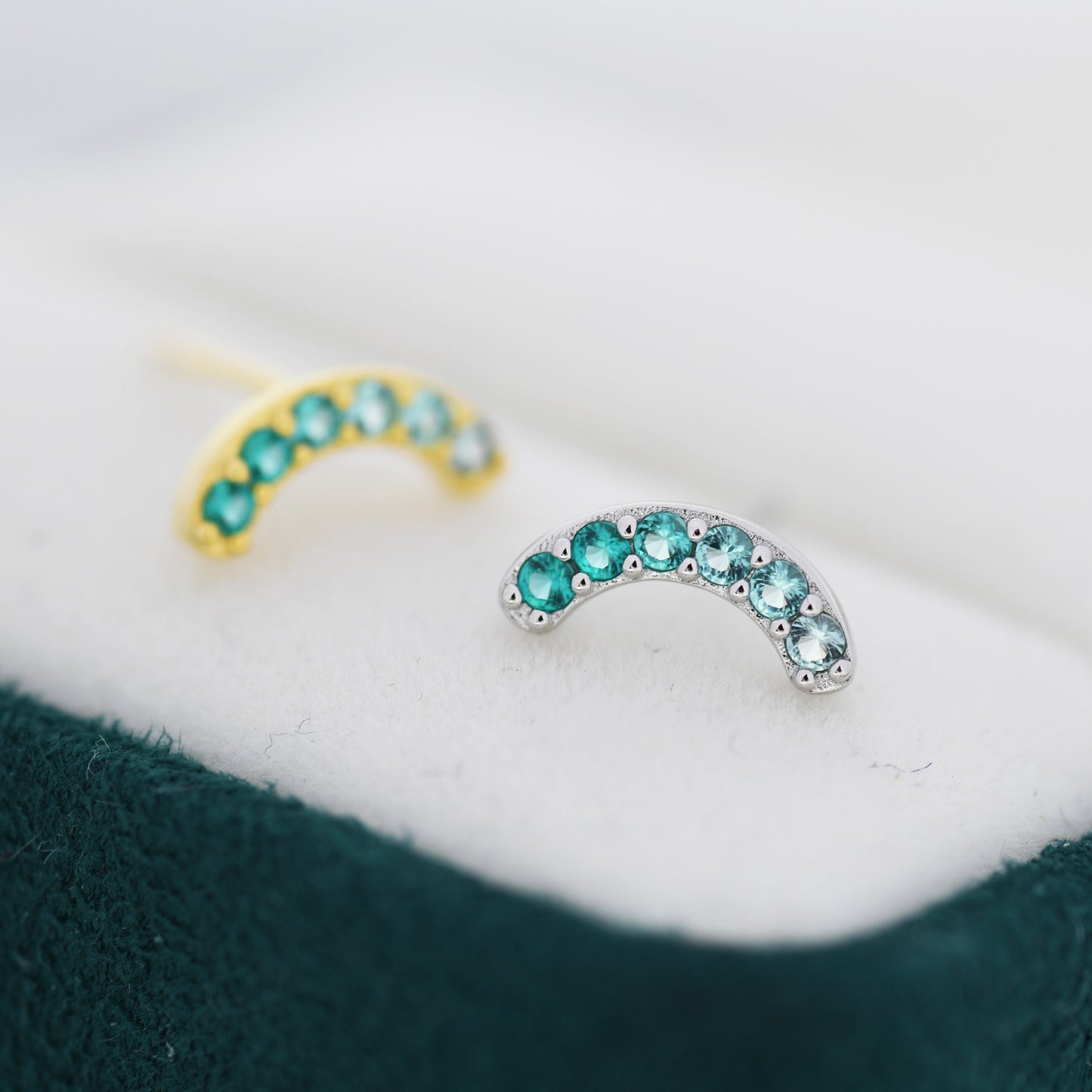 Ombre Emerald Green CZ Curved Bar Stud Earrings in Sterling Silver, Silver or Gold, Gradient Green Rainbow Earrings,  Stacking Earrings