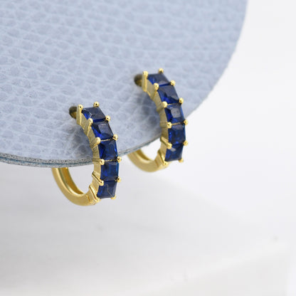 Sapphire Blue CZ Huggie Hoop in Sterling Silver, Silver or Gold, Minimalist Simple Hoop Earrings,