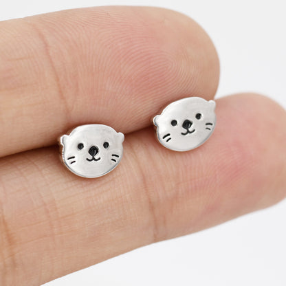 Otter Stud Earrings in Sterling Silver, Otter Head Earrings, Nature Inspired Animal Earrings