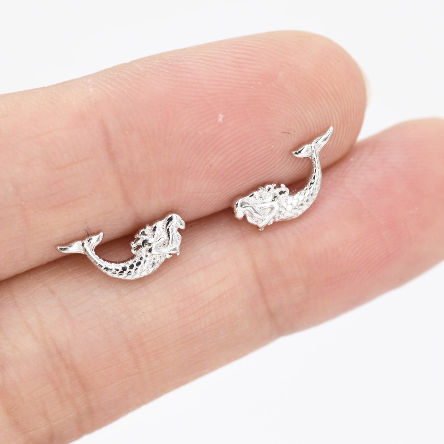 Mermaid Stud Earrings in Sterling Silver, Silver or Gold, Mermaid Fish Earrings, Fun and Dainty