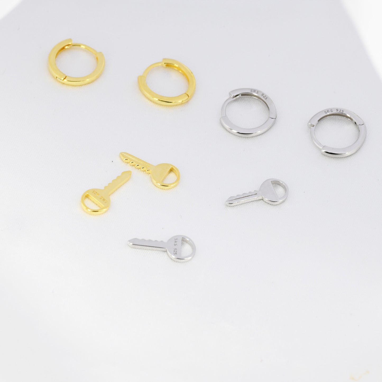 Dangling Key Hoop Earrings in Sterling Silver, Detachable Lock Charm Dangle Hoop Earrings, Silver or Gold,  Interchangeable