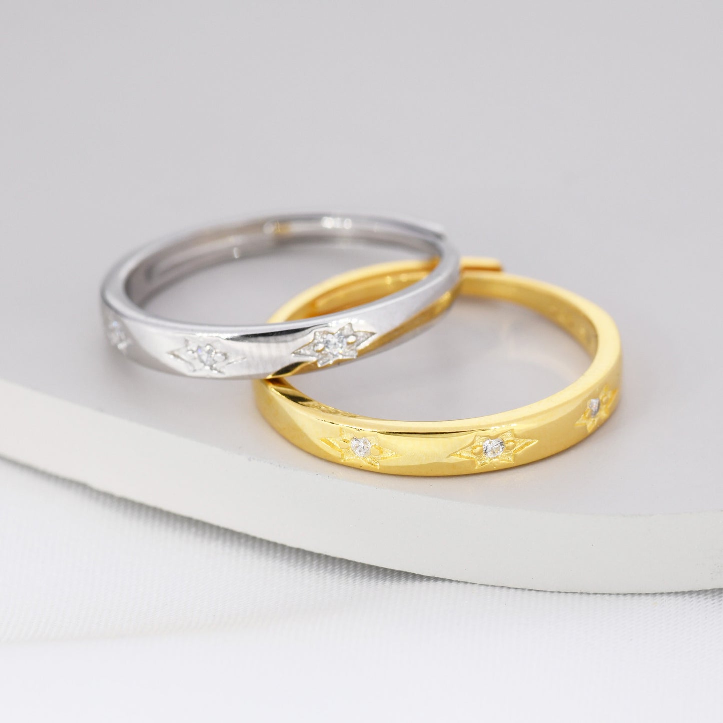 Starburst Ring in Sterling Silver, Adjustable Ring, Silver or Gold, CZ Star Ring, North Star Ring Band