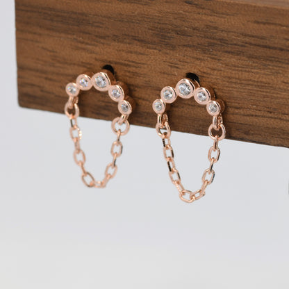 CZ Curved Bar Chained Stud Earrings in Sterling Silver, Silver, Gold or Rose Gold,  Dangle Chain Earrings, Single Piercing