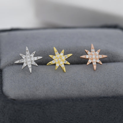 Starburst Stud Earrings in Sterling Silver with Sparkly CZ Crystals, North Star Earrings, Silver Gold and Rose Gold,  Celestial Jewellery