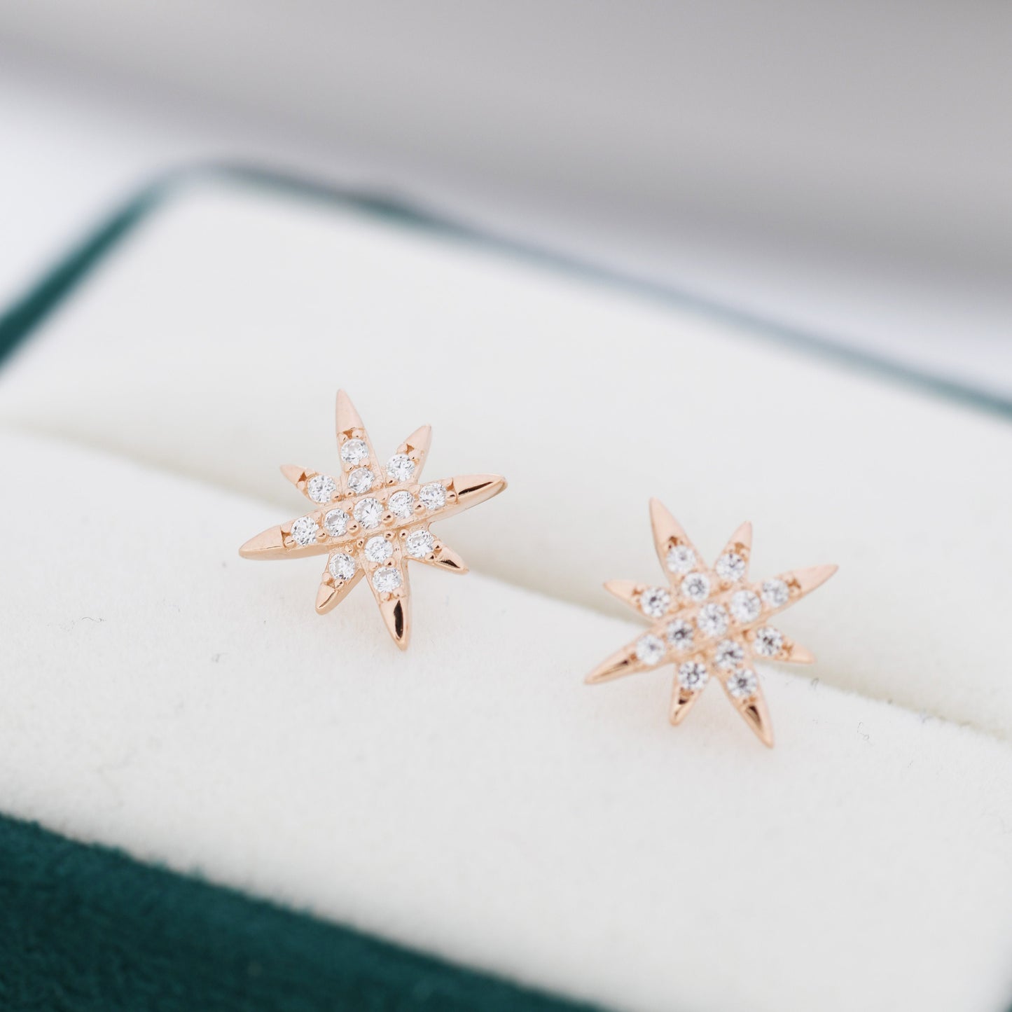 Starburst Stud Earrings in Sterling Silver with Sparkly CZ Crystals, North Star Earrings, Silver Gold and Rose Gold,  Celestial Jewellery