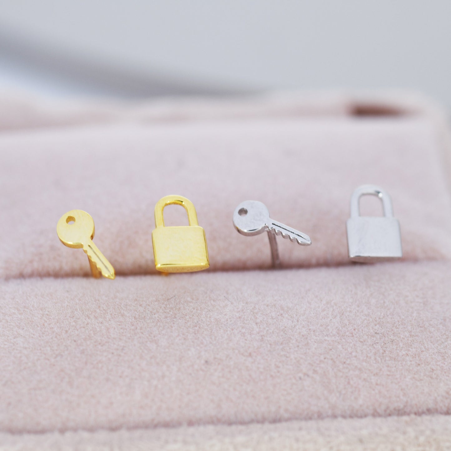 Tiny Key and Lock Mismatched Stud Earrings in Sterling Silver, Silver or Gold, Stacking Earrings