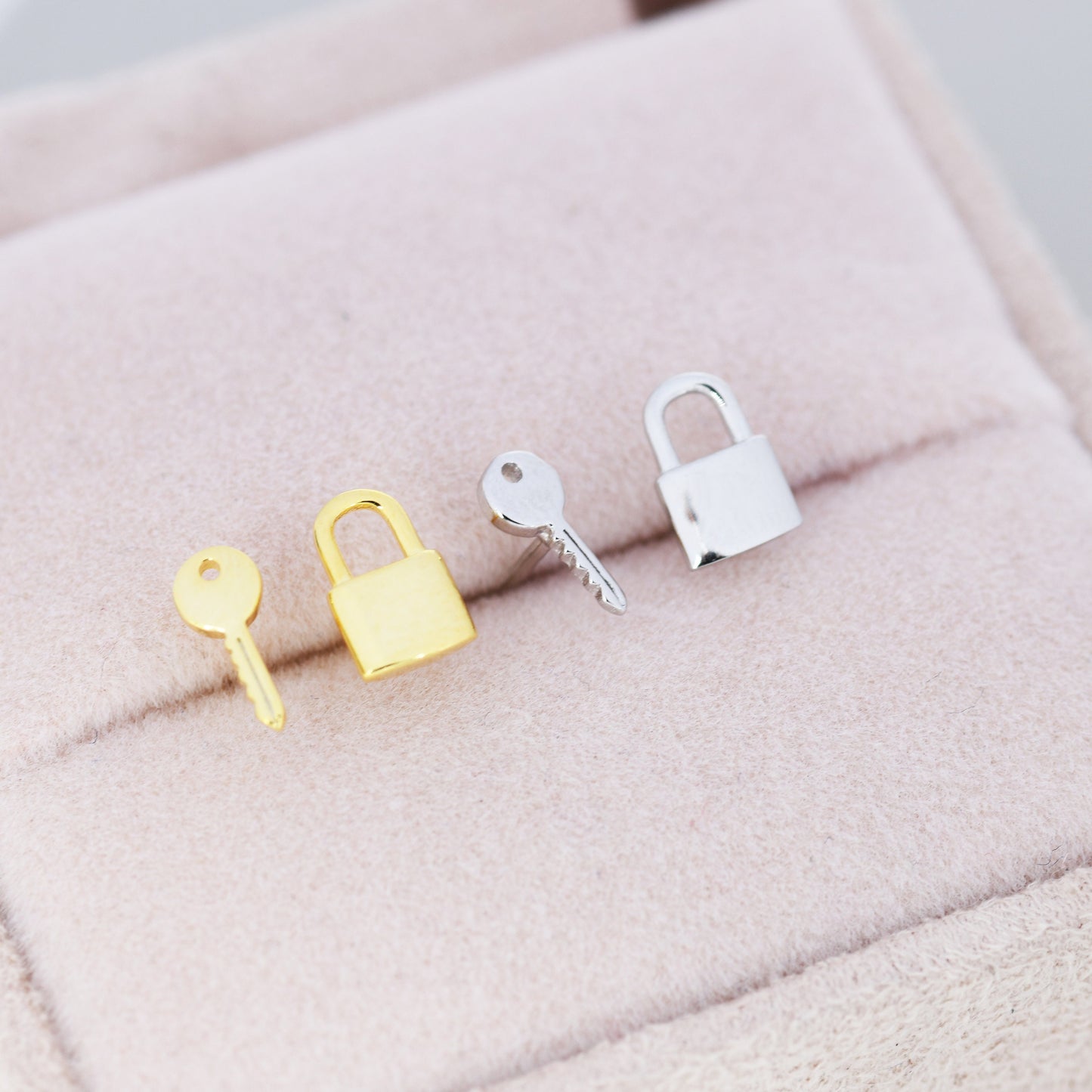 Tiny Key and Lock Mismatched Stud Earrings in Sterling Silver, Silver or Gold, Stacking Earrings