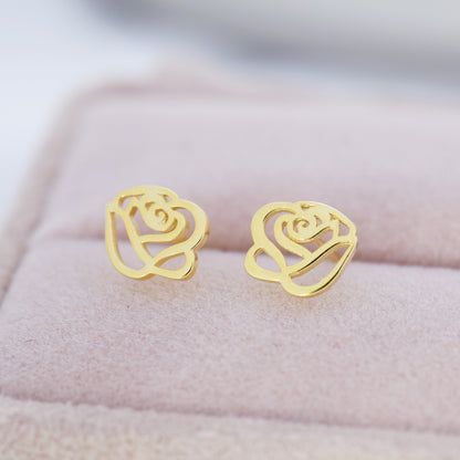 Cut-out Rose Flower Stud Earrings in Sterling Silver, Silver or Gold, Rose Earrings