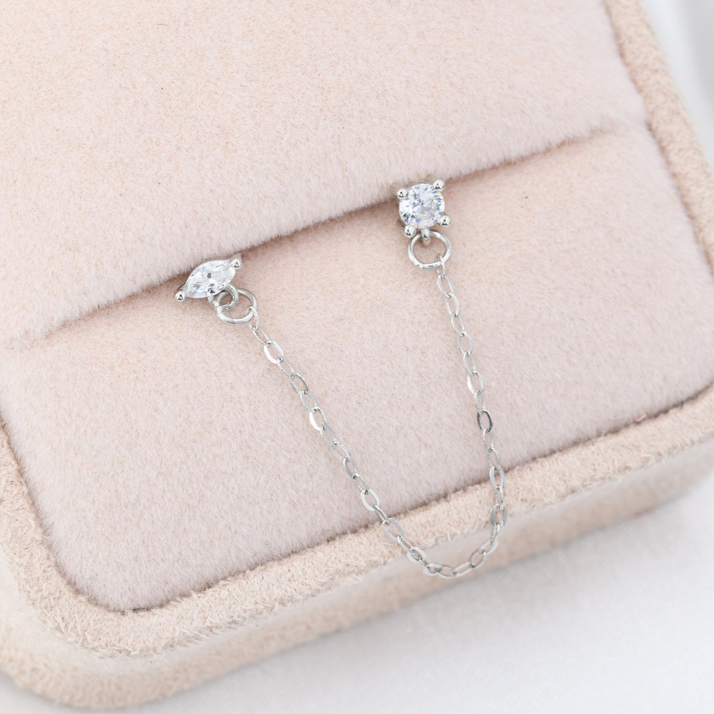 Sterling Silver Chained Earrings for Multiple Piercings, Silver or Gold, Marquise and Diamond Cut CZ Earrings, Asymmetric Stacking Earrings