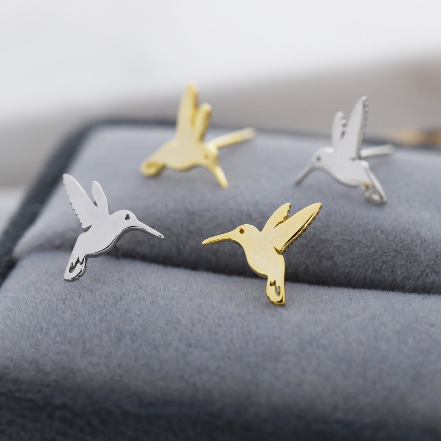 Hummingbird Stud Earrings in Sterling Silver, Silver or Gold, Flying Bird Earrings, Nature Inspired Animal Earrings