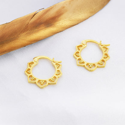 Lotus Flower Hoop Earrings in Sterling Silver, Silver or Gold, Vintage Inspired Design, Lace Hoop Earrings