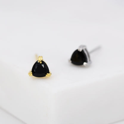 Genuine Black Onyx Stone Stud Earrings in Sterling Silver, Silver or Gold, Trillion Cut Black Onyx Earrings, Double Pronged