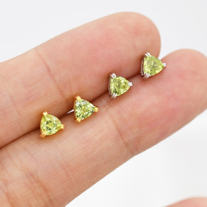 Genuine Peridot Stud Earrings in Sterling Silver, Silver or Gold, Trillion Cut Natural Green Peridot Earrings, Double Pronged