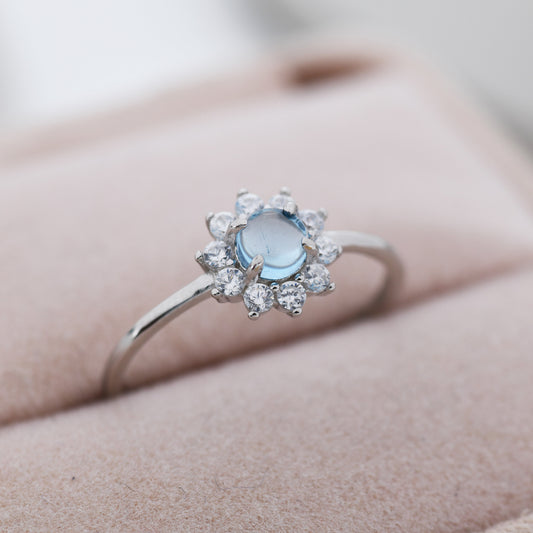 Genuine Blue Aquamarine Halo Ring in Sterling Silver, US 5 - 8, Natural Aquamarine Gemstone Ring,  Crystal Flower Ring, March Birthstone