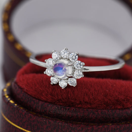 Genuine Moonstone Halo Ring in Sterling Silver, US 5 - 8, Natural Moonstone Gemstone Ring,  Crystal Flower Ring